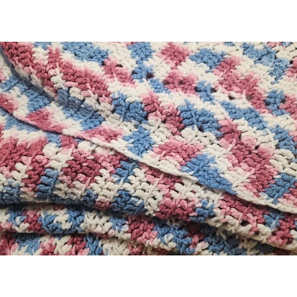 Handmade Crochet Afghan Ripple pattern Blanket multi colored yarn 79"x 40"